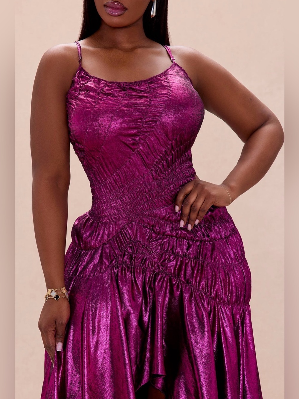 Metallic Plum Ruched High-Low satin Slip Dress - Picture 7 of 8
